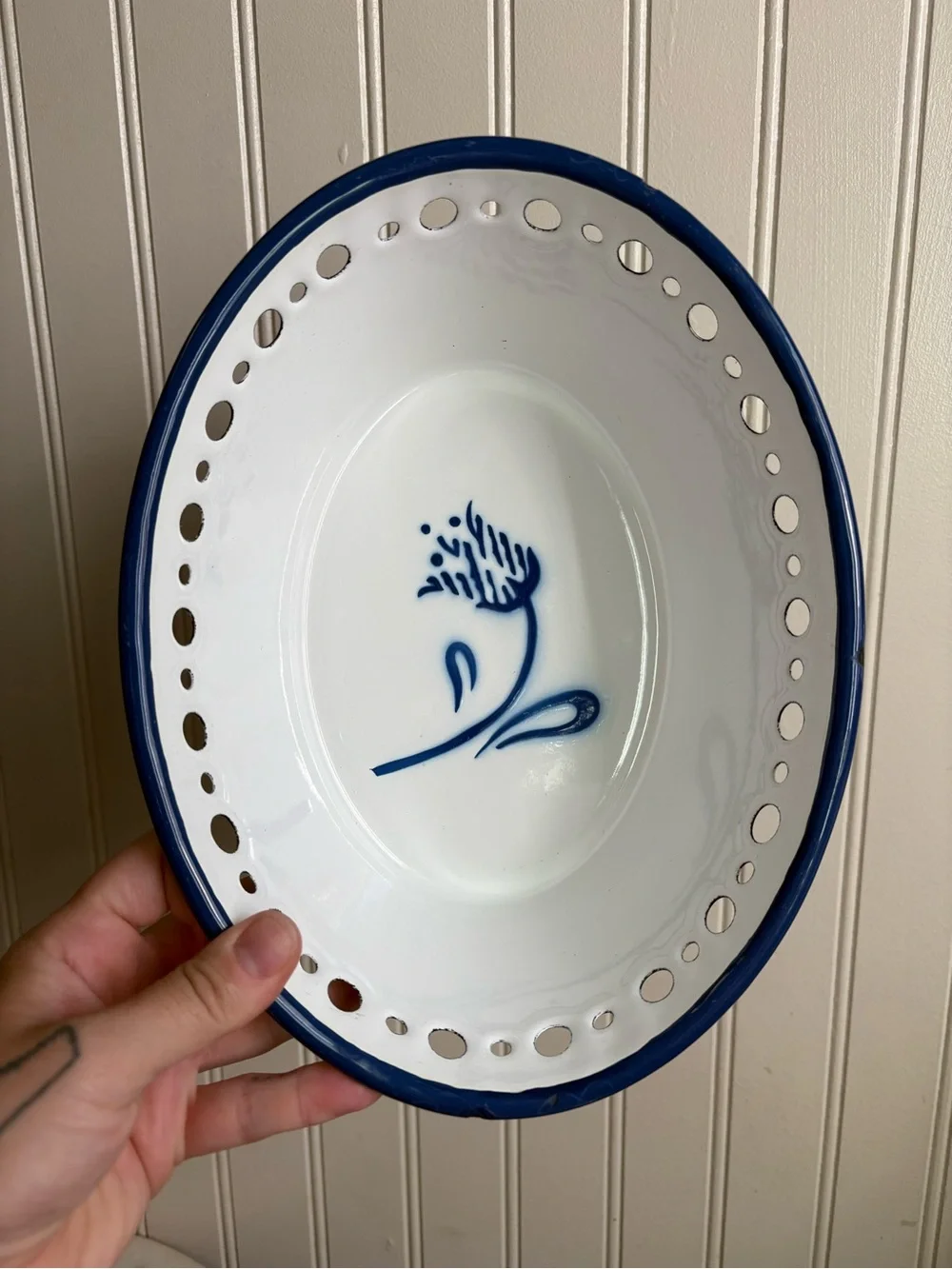 Vintage IKEA Enamel Arv Idyell Perforated Oval Bowl White & Blue Floral VTG 90s